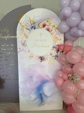 Load image into Gallery viewer, First Communion or Confirmation Backdrop Orchids Large Sign Decor Arched Panel with easel I Entrance Sign Foam Board any text, Light Weight
