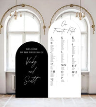 Load image into Gallery viewer, Wedding Seating Chart Decor Arched Panel with easel Entrance Sign Foam Board Custom text, color, Light Weight Indoor use
