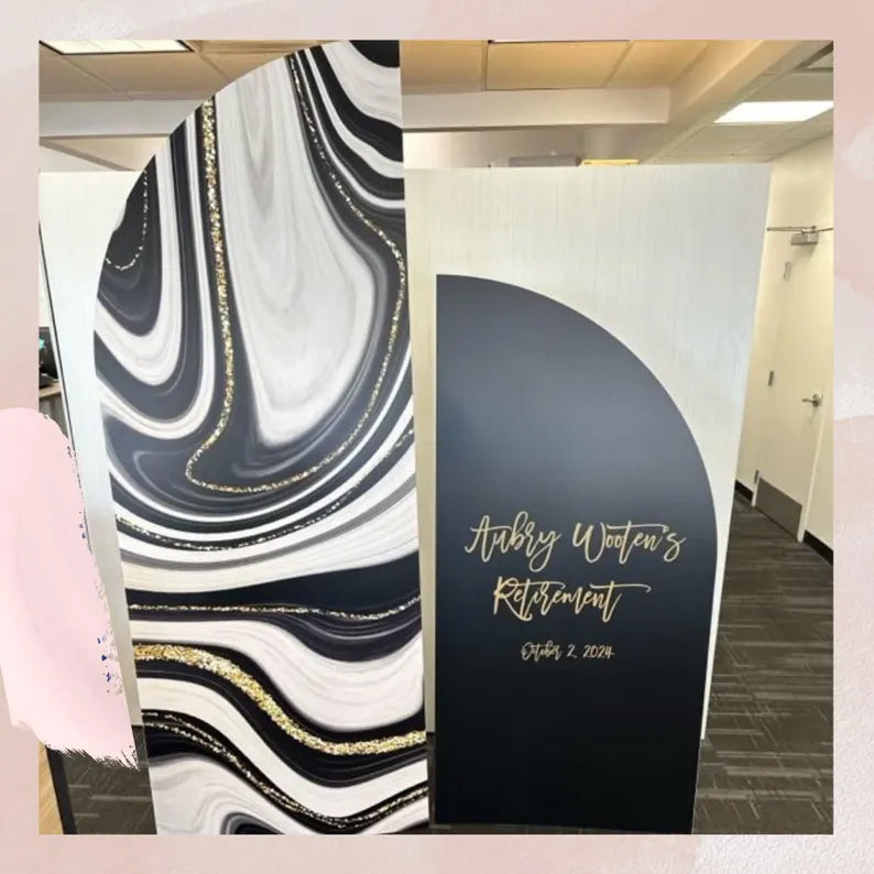 Arch Signs Large Retirement Party Gold and Black Marbled Arched Panel with easel, any text or type of event Entrance Sign Foam, Light Weight