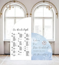 Load image into Gallery viewer, Winter Wonderland Wedding Seating Chart Holiday Party Disco Ball Large Arch Christmas Wedding Seating Chart Arched Panel with easel
