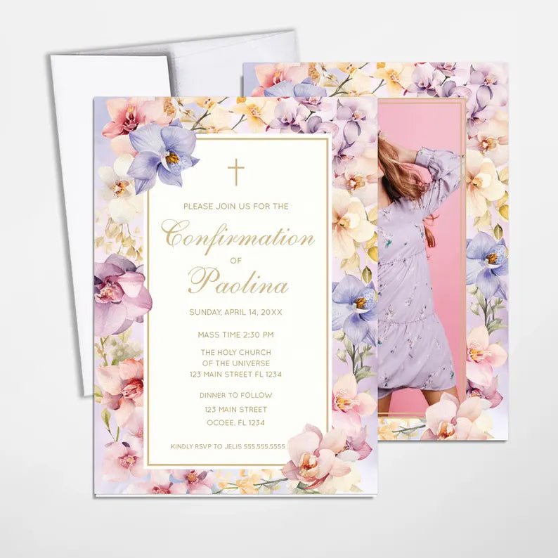 First Communion or Confirmation Invitation for Girls, Elegant Orchids Lilac Floral Design, Personalized Invitations for any Special Events