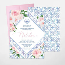 Load image into Gallery viewer, First Communion Invitation for Girls,Blue Tile &amp; Pink Floral Design | Personalized Invitations for Baptism, Confirmation or Special Events
