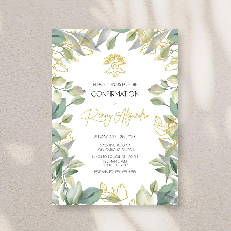 Confirmation or First Communion Invitation Greenery & Dove Design, Elegant Green and Gold Neutral Design, Invitations for any Special Events