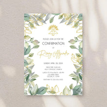 Load image into Gallery viewer, Confirmation or First Communion Invitation Greenery &amp; Dove Design, Elegant Green and Gold Neutral Design, Invitations for any Special Events
