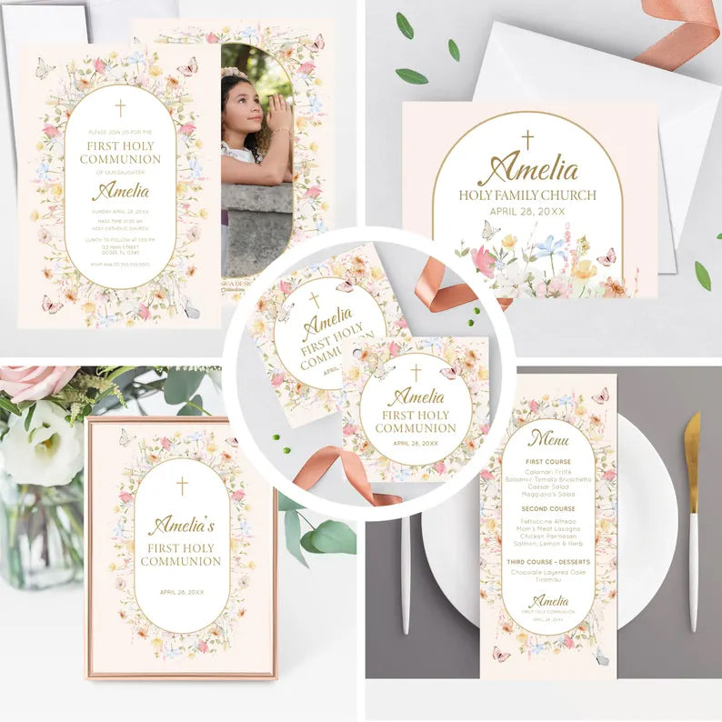 First Communion Invitation for Girls,Wildflower and Butterflies Design, Personalized Invitations for Baptism, Confirmation or Special Events