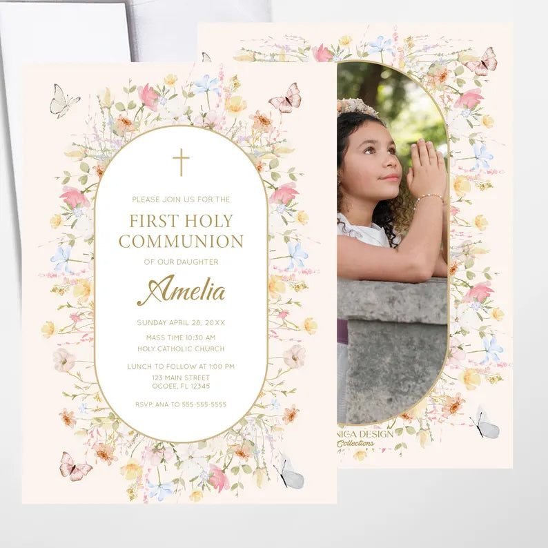 First Communion Invitation for Girls,Wildflower and Butterflies Design, Personalized Invitations for Baptism, Confirmation or Special Events