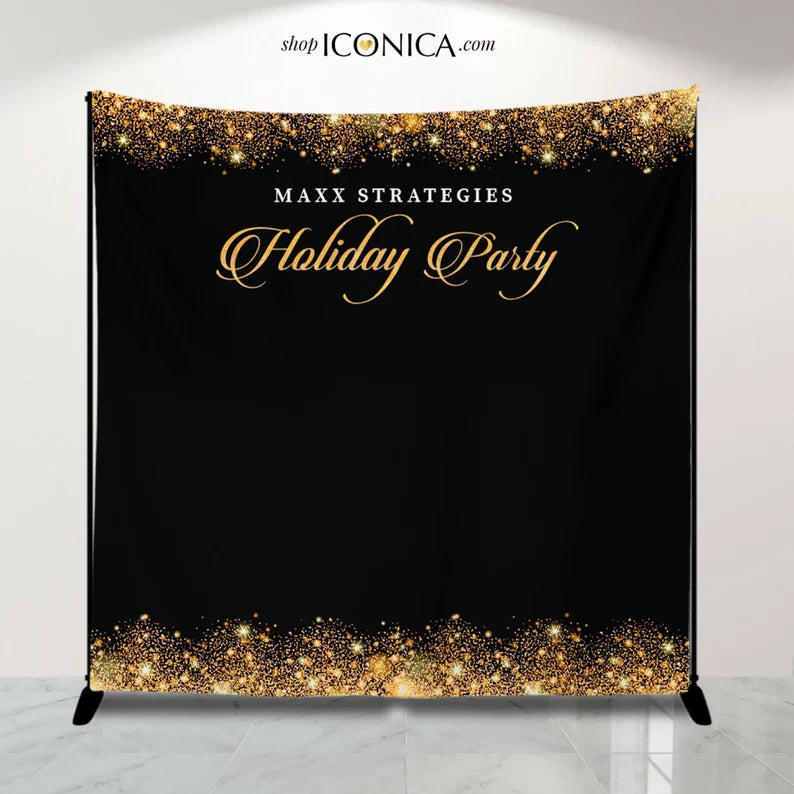 Christmas Party Backdrop Personalized, Holiday Party Backdrop, Gold Sparkles Elegant Corporate Backdrop, custom holiday decorations