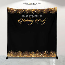 Load image into Gallery viewer, Christmas Party Backdrop Personalized, Holiday Party Backdrop, Gold Sparkles Elegant Corporate Backdrop, custom holiday decorations
