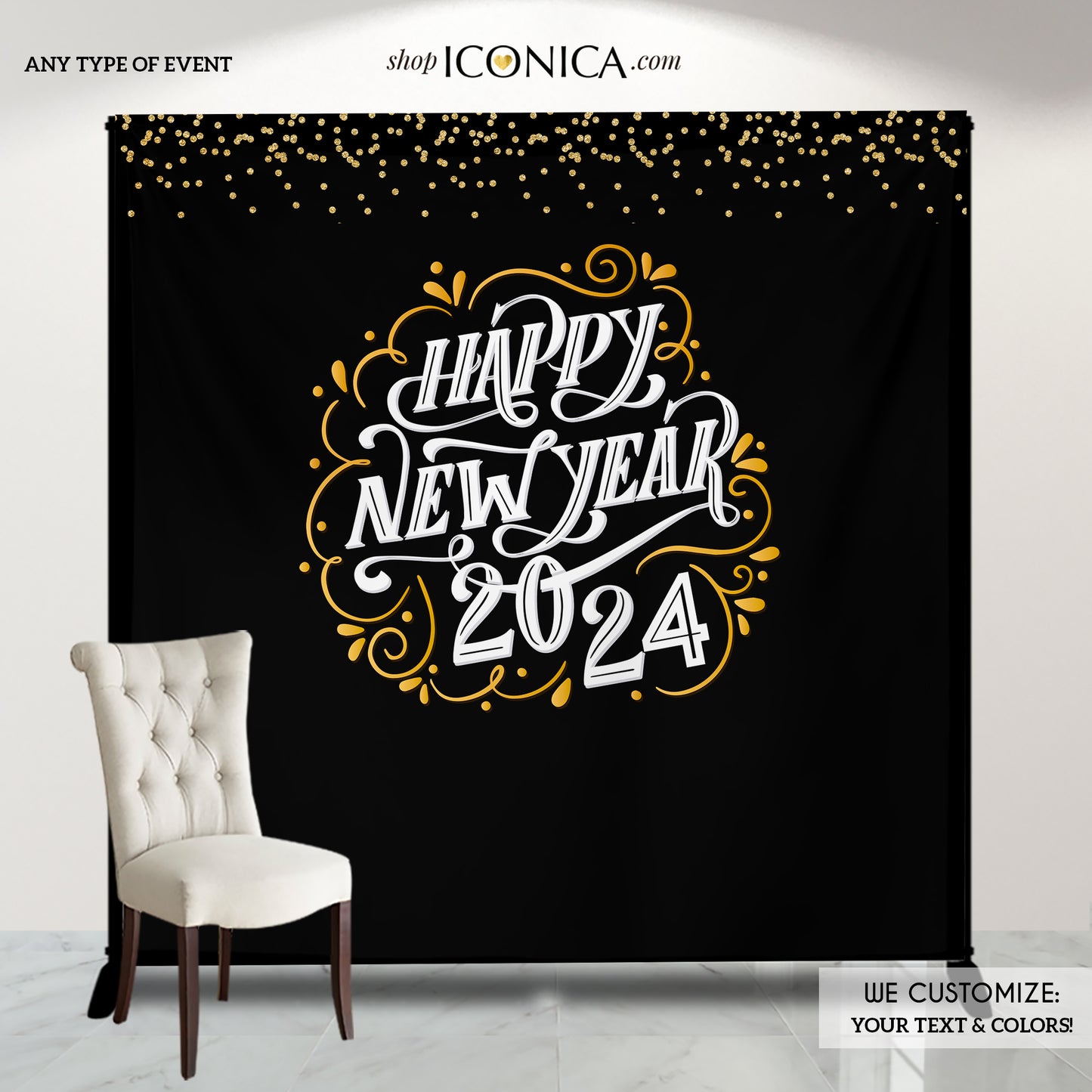 Happy New Year, Gold White Black, Backdrop