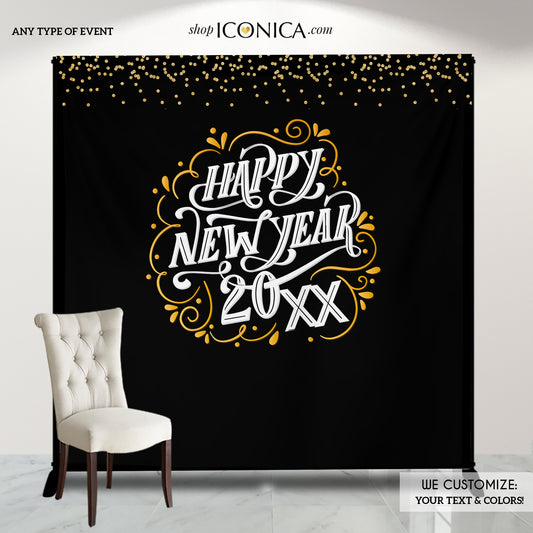 Happy New Year, Gold White Black, Backdrop