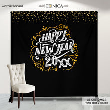 Load image into Gallery viewer, Happy New Year, Gold White Black, Backdrop
