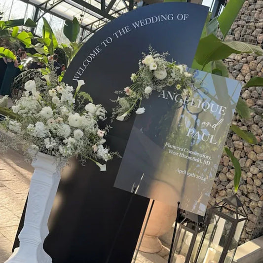 Wedding Welcome Sign Set, Standing Large Arched Panel and Entrance Acrylic Sign - Custom text, colors, Light Weight