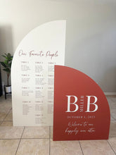 Load image into Gallery viewer, Wedding Seating Chart Large Arch Sign Arched Board with easel Entrance Sign Foam Board Custom text, color, Light Weight Indoor use
