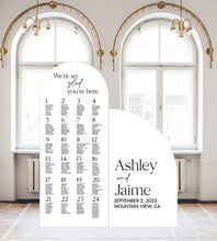 Load image into Gallery viewer, Wedding Seating Chart Sign Arch seating chart, Standing Arched Panel, Entrance Sign Foam Board, Wedding Itinerary Sign Custom text, color
