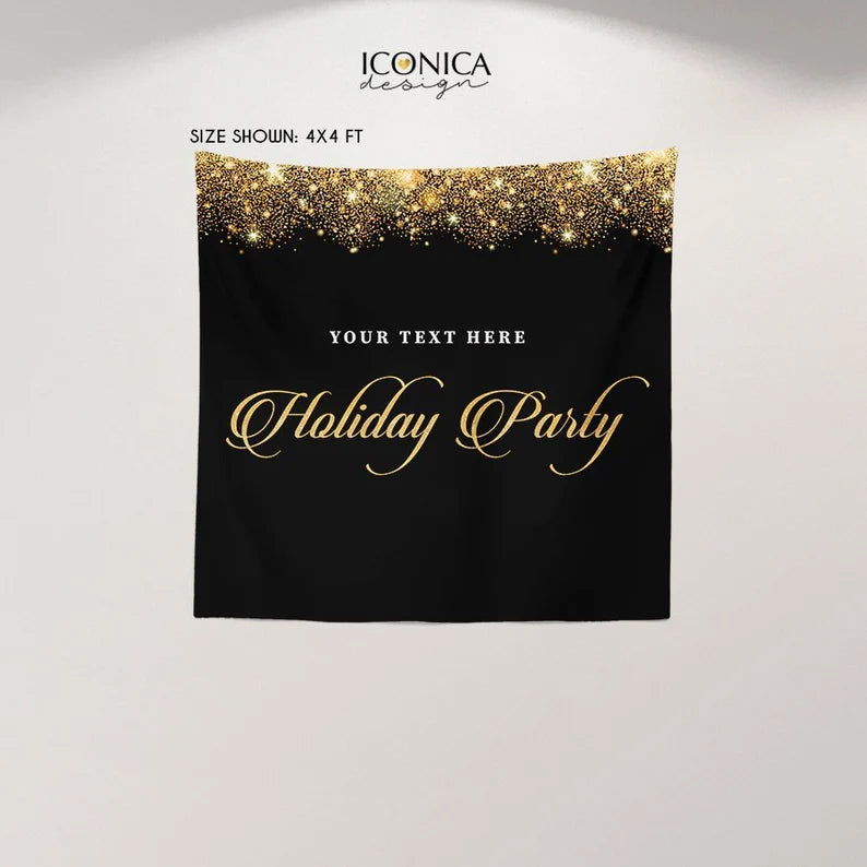 Christmas Party Backdrop Personalized, Holiday Party Backdrop, Gold Sparkles Elegant Corporate Backdrop, custom holiday decorations