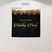 Load image into Gallery viewer, Christmas Party Backdrop Personalized, Holiday Party Backdrop, Gold Sparkles Elegant Corporate Backdrop, custom holiday decorations
