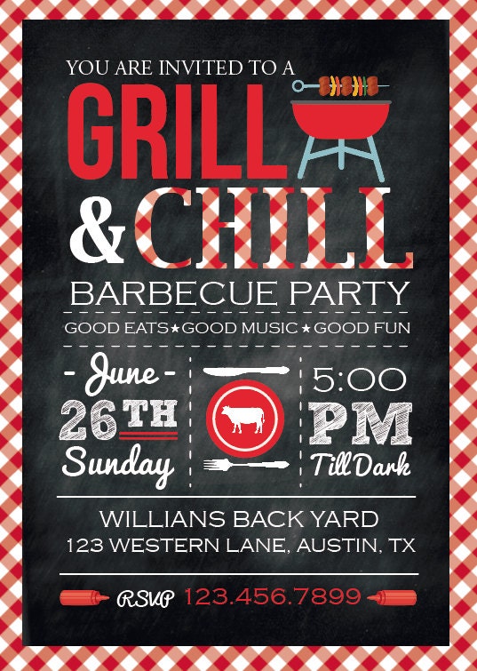 Red Gingham BBQ Birthday Invitation, Cookout Party Invite