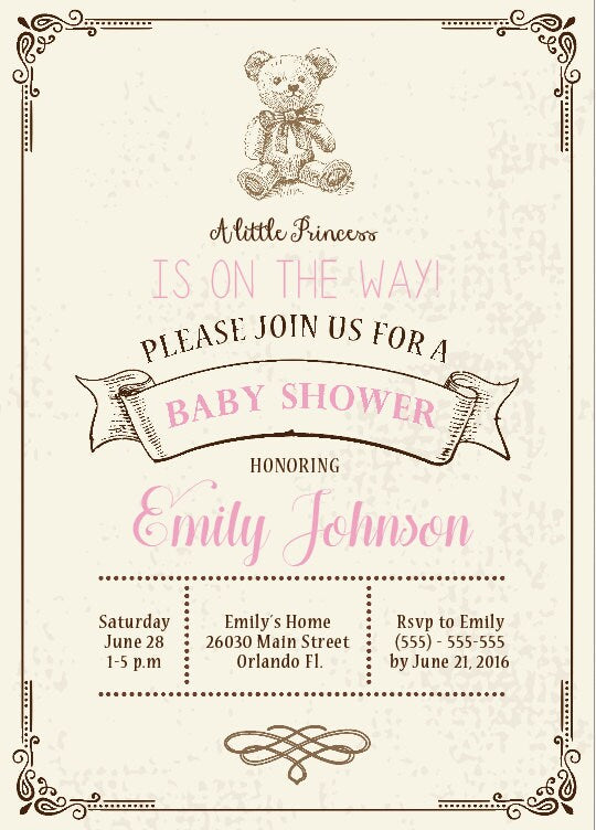 Vintage Teddy Bear Baby Shower Invitations - Brown & Blue, Printed or Printable