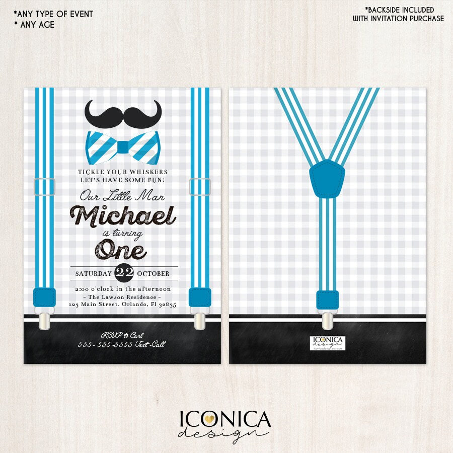 Little Man 1st Birthday Invitation, Mustache Bowtie Party (Printed or Printable File)