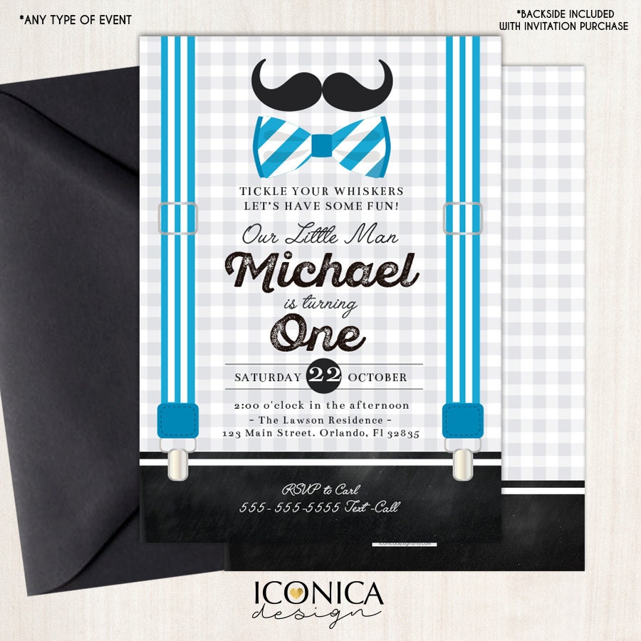 Little Man 1st Birthday Invitation, Mustache Bowtie Party (Printed or Printable File)