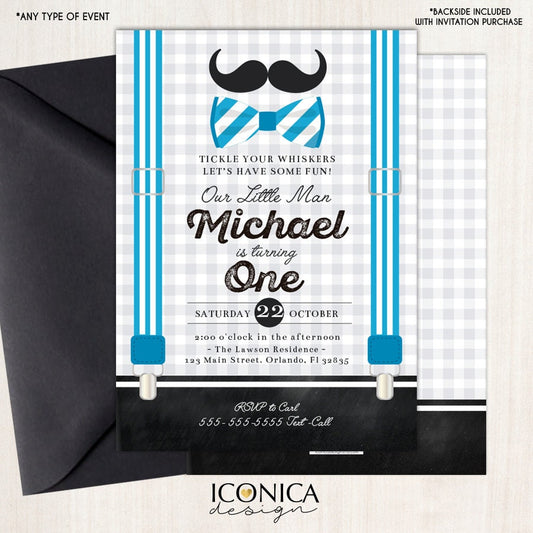 Little Man 1st Birthday Invitation, Mustache Bowtie Party (Printed or Printable File)
