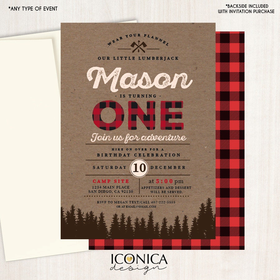 Lumberjack First Birthday Invitation – Buffalo Plaid, Wilderness Theme (Printed or Printable File)