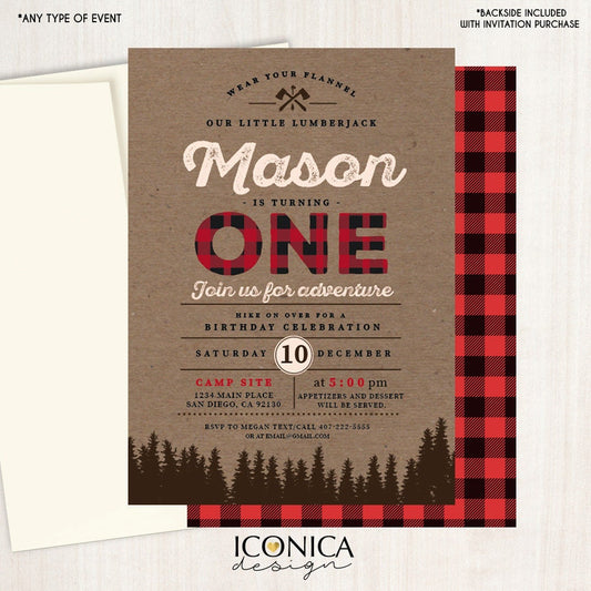 Lumberjack First Birthday Invitation – Buffalo Plaid, Wilderness Theme (Printed or Printable File)