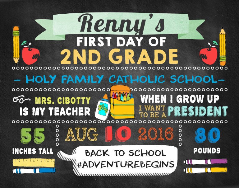 Personalized First Day of School Chalkboard Sign, Any Grade