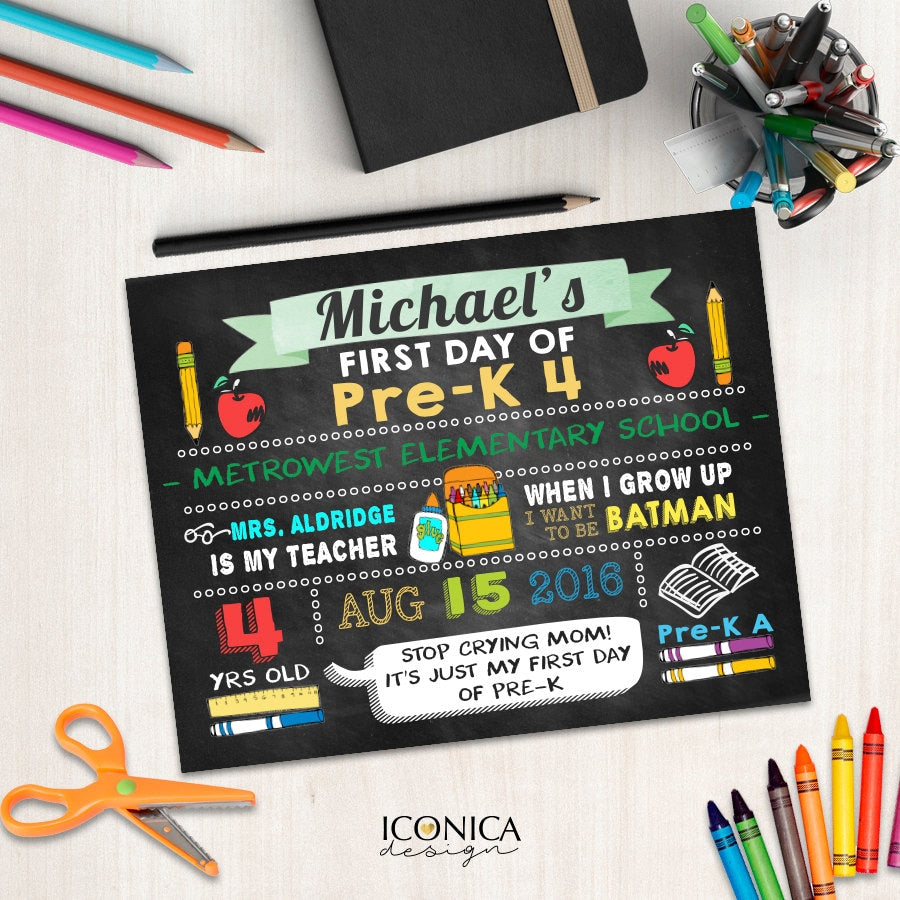 Personalized First Day of School Chalkboard Sign, Any Grade
