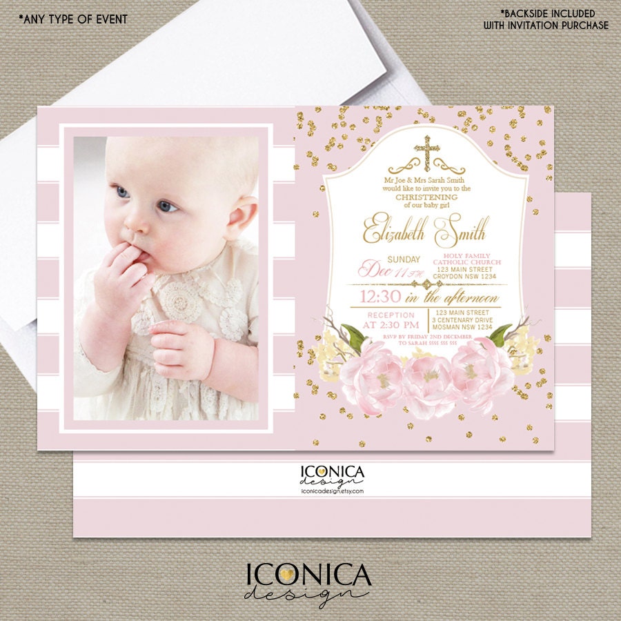 Floral Baptism Invitation – Pink Peony & Gold Glitter (Printed or Printable)