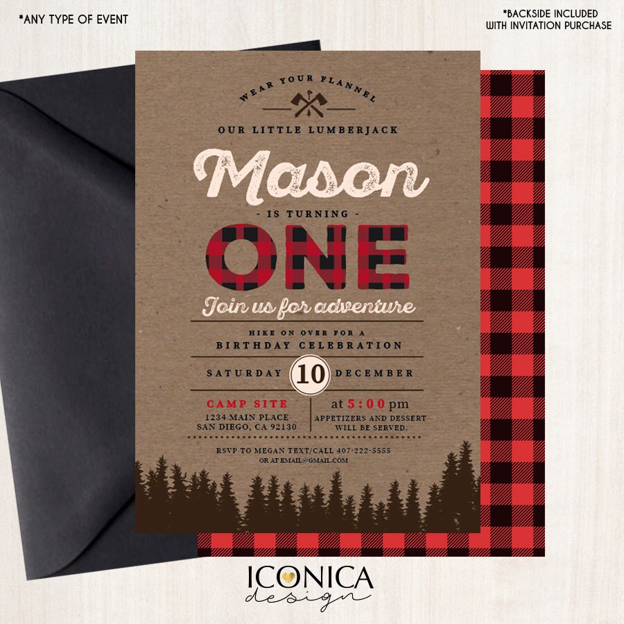 Lumberjack First Birthday Invitation – Buffalo Plaid, Wilderness Theme (Printed or Printable File)