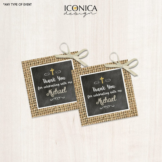 Rustic Burlap First Communion Favor Tags - Personalized Chalkboard (Digital or Printed)