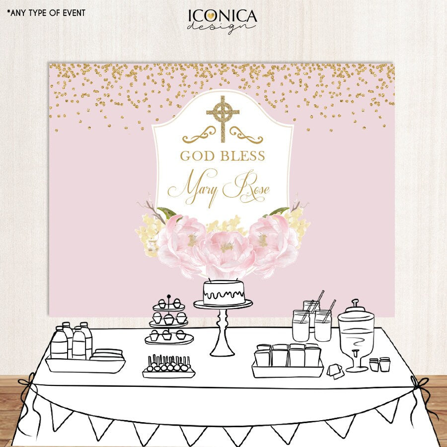 Floral First Communion Backdrop, Pink Peonies, Christening (Printed or Printable File)