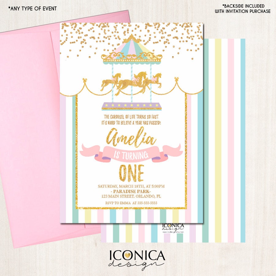 Carousel Birthday Invitation, Pastel Colors, Printed or Printable