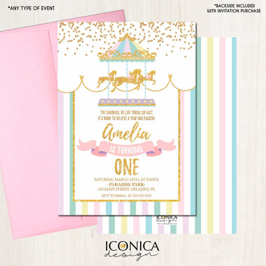 Carousel Birthday Invitation, Pastel Colors, Printed or Printable