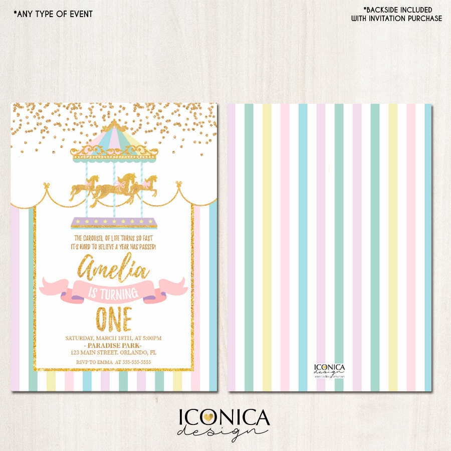 Carousel Birthday Invitation, Pastel Colors, Printed or Printable