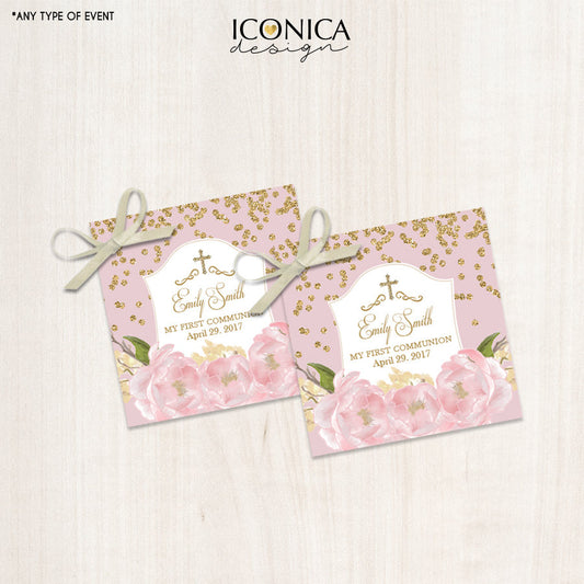 Floral First Communion Favor Tags – Pink Peony Gift Tags (Digital or Printed)