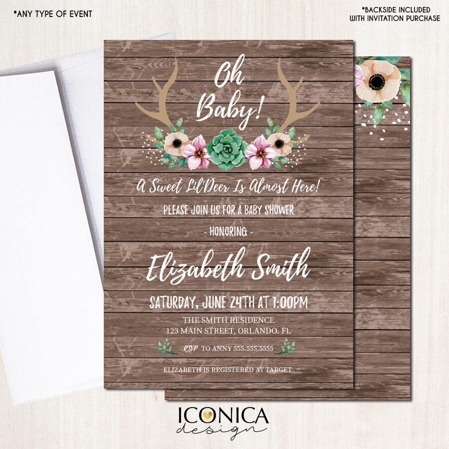 Floral Antlers Baby Shower Invitation, Rustic Deer (Printed or Printable File)