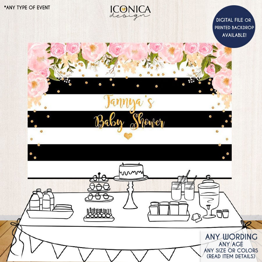 Floral 30th Birthday Backdrop, Black and White Stripes (Printed or Printable File)
