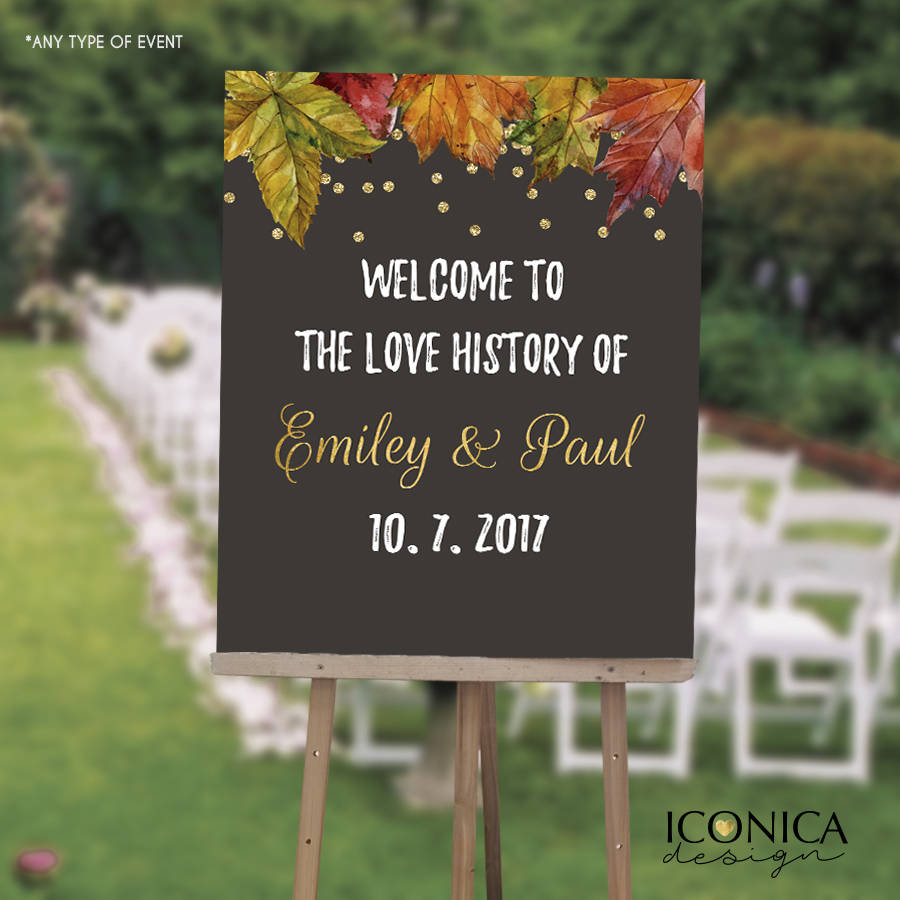 Fall Leaves Wedding Welcome Sign, Chalkboard Poster