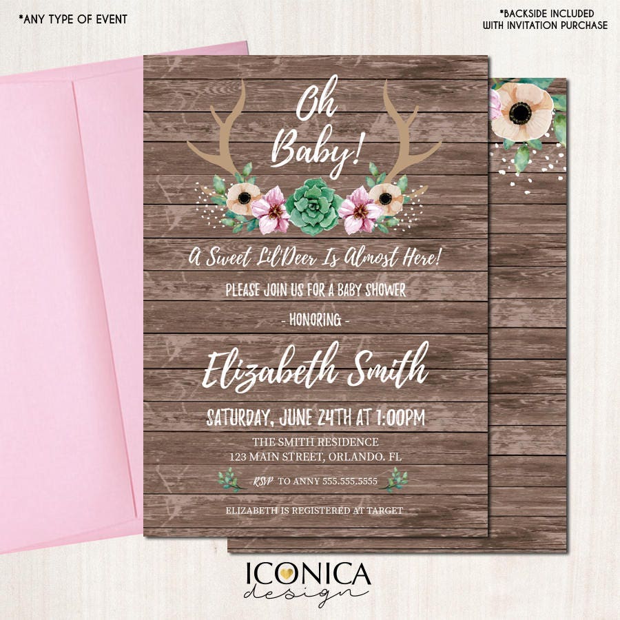 Floral Antlers Baby Shower Invitation, Rustic Deer (Printed or Printable File)