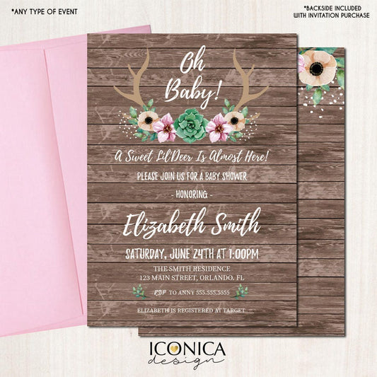 Floral Antlers Baby Shower Invitation, Rustic Deer (Printed or Printable File)