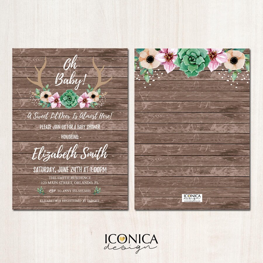 Floral Antlers Baby Shower Invitation, Rustic Deer (Printed or Printable File)
