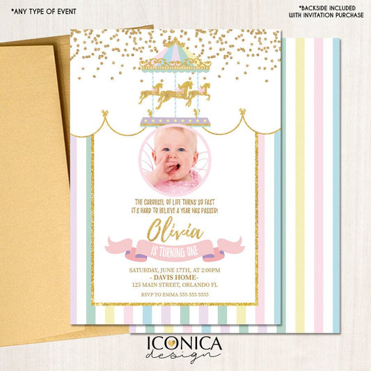 Carousel Birthday Invitation, Pastel Circus Party, Any Age (Printed or Printable)