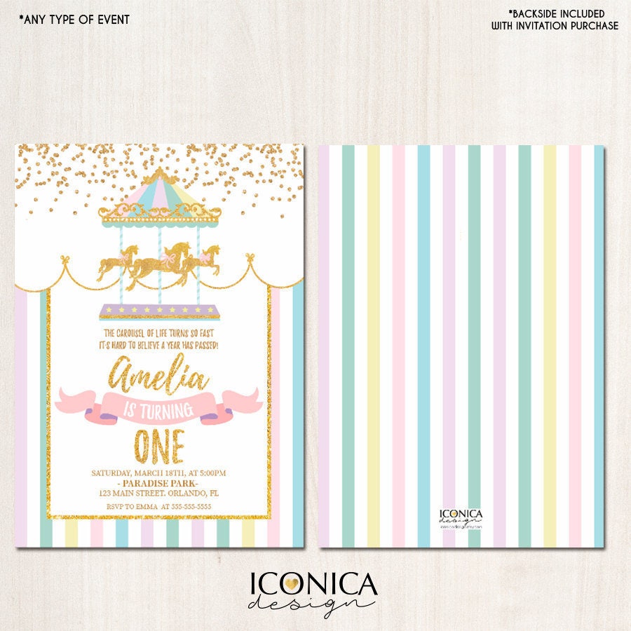 Carousel Birthday Invitation, Pastel Circus Party, Any Age (Printed or Printable)
