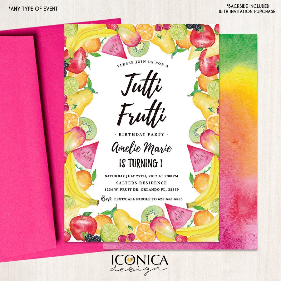 Tutti Frutti Birthday Invitation, Watercolor Fruit Party (Printed OR Printable File)