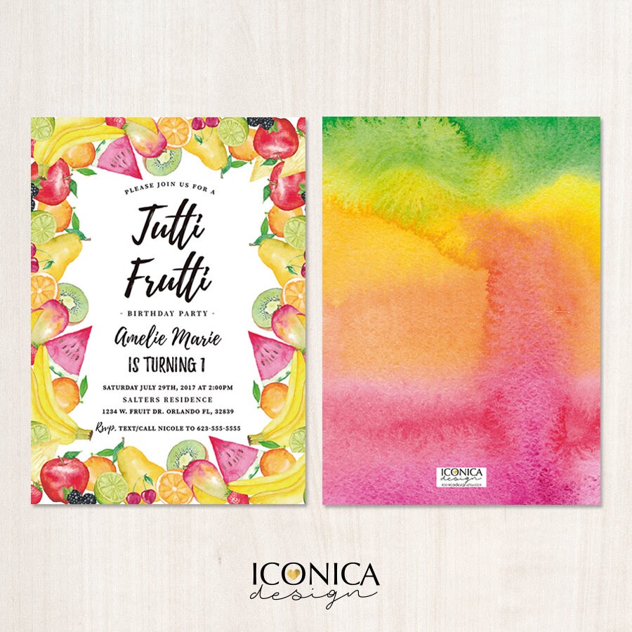 Tutti Frutti Birthday Invitation, Watercolor Fruit Party (Printed OR Printable File)