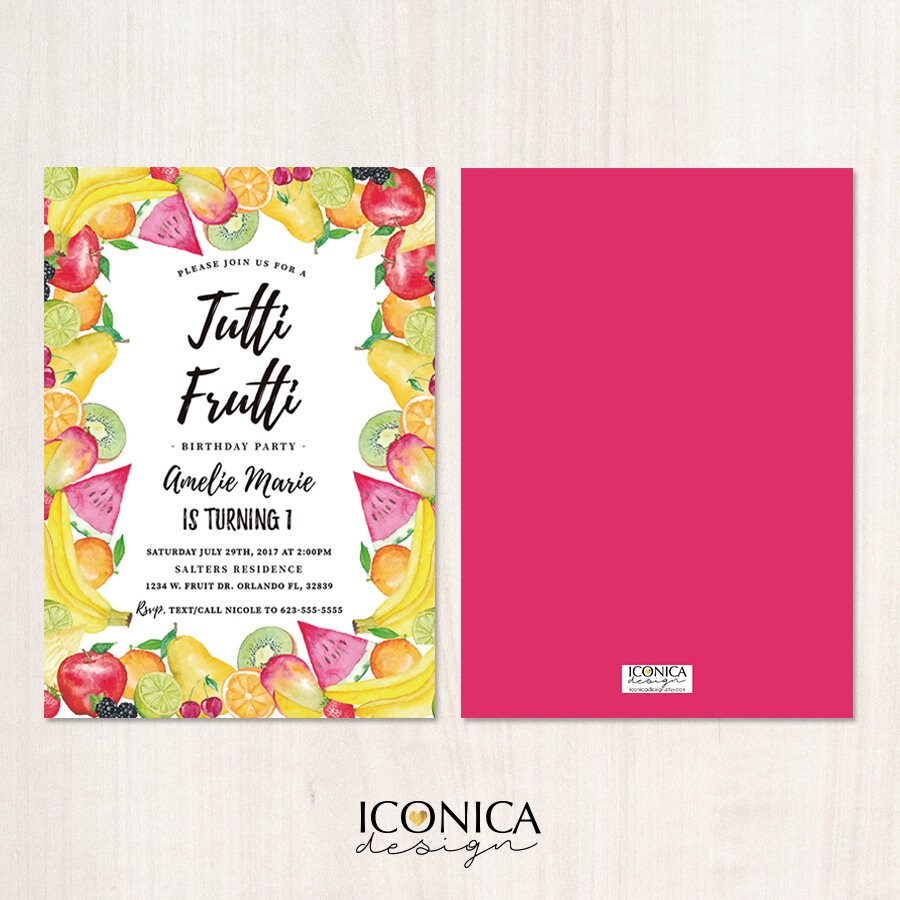 Tutti Frutti Birthday Invitation, Watercolor Fruit Party (Printed OR Printable File)