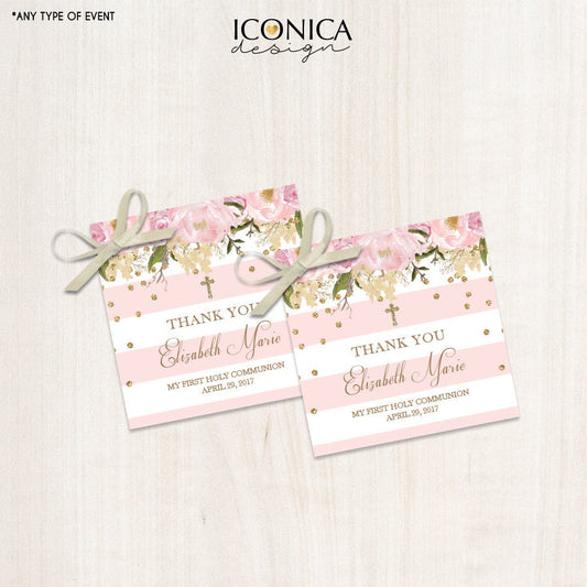 Floral First Communion Favor Tags – Pink Stripes, Thank You (Digital File or Printed)