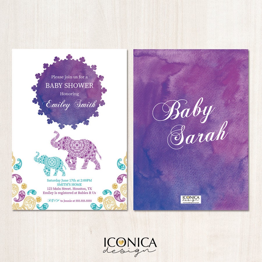 Watercolor Elephant Bridal Shower Invitation, Moroccan Sunset (Printed or Printable File)